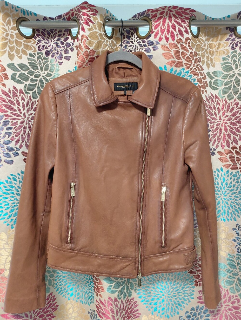 Donna Karan New York Brown Leather Bomber Moto Jacket W/Gold Tone Zippers